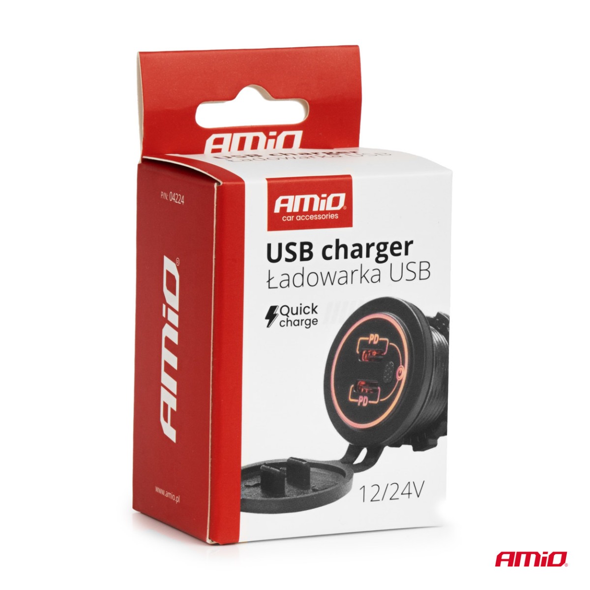 Vattentät telefonladdare med strömbrytare och röd LED-lampa, 2xUSB-C 12/24V AMIO-04224