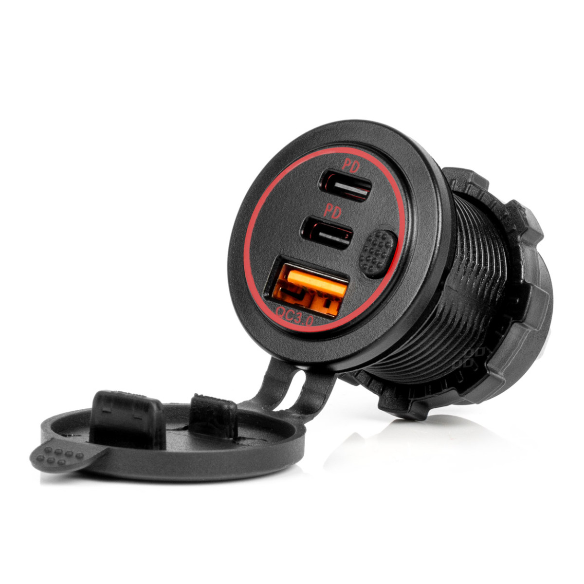 Vattentät telefonladdare med röd LED-belysning, USB + 2xUSB C QC3.0 12/24V AMIO-04227