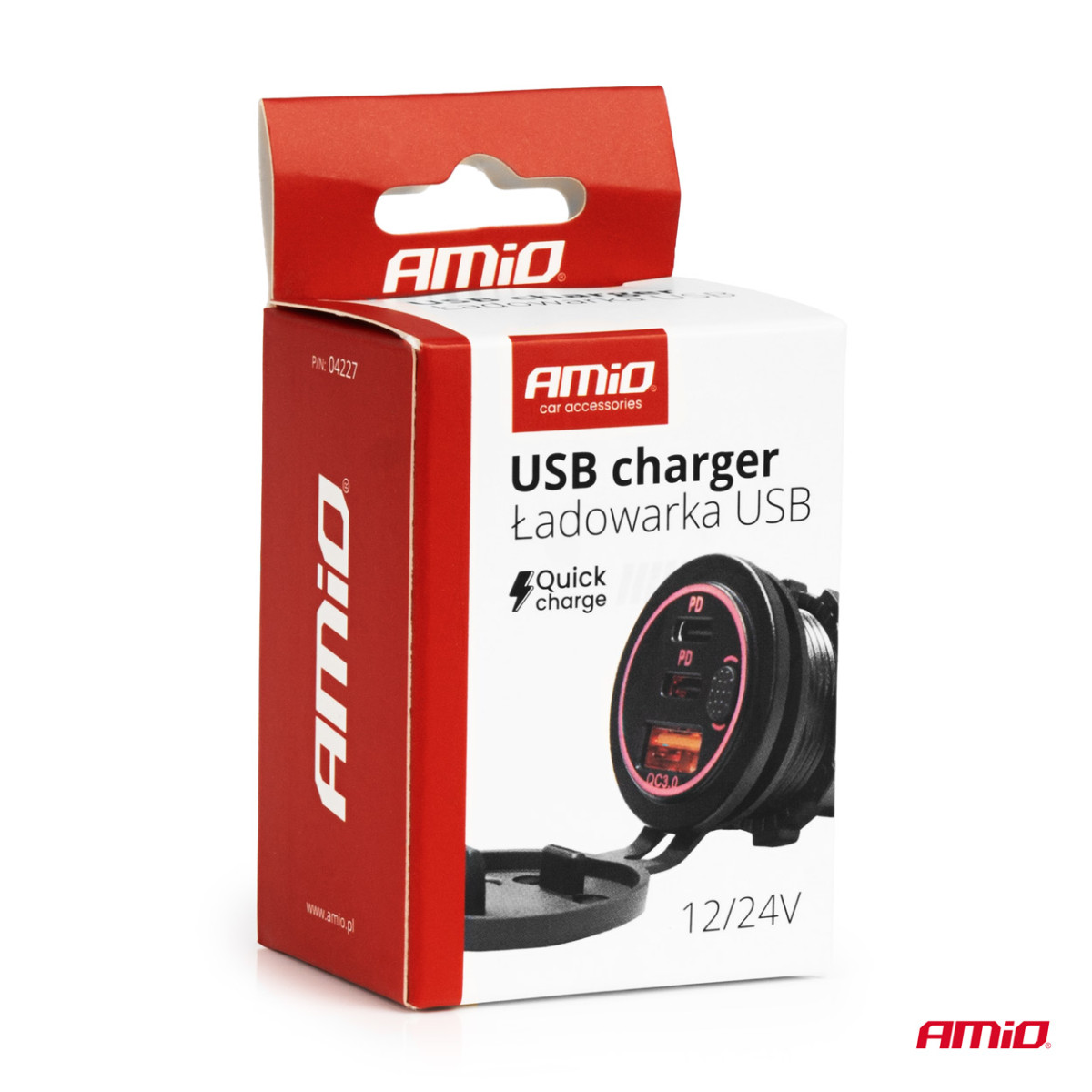 Vattentät telefonladdare med röd LED-belysning, USB + 2xUSB C QC3.0 12/24V AMIO-04227