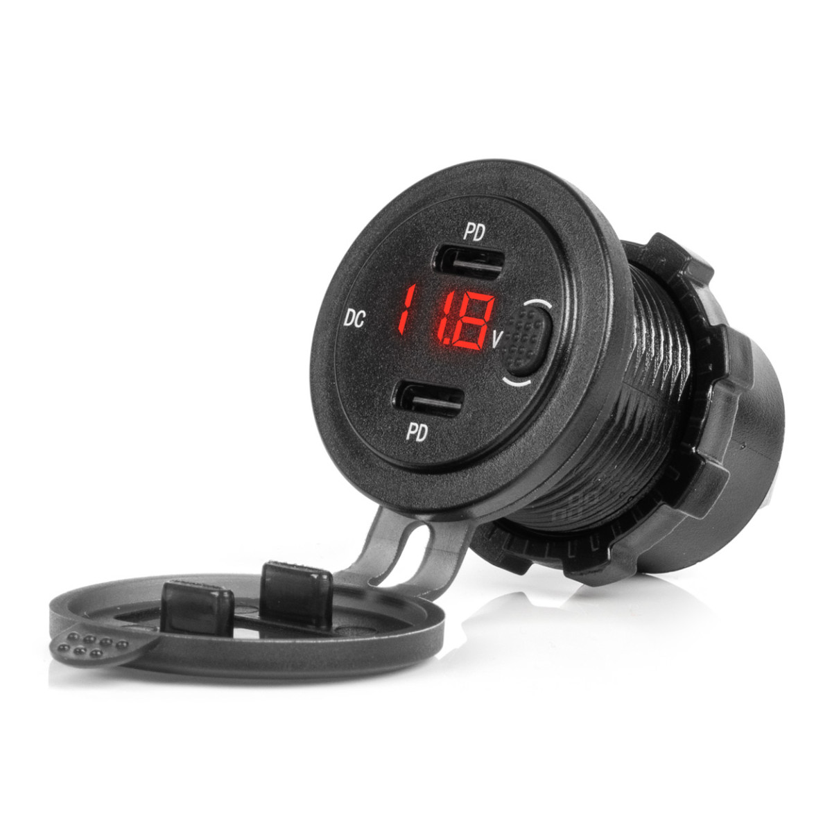Vattentät telefonladdare med strömbrytare och digital voltmeter, 2x USB-C 12/24V AMIO-04226