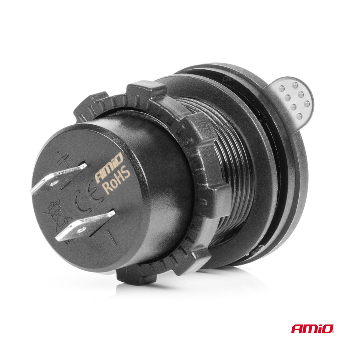 Vattentät telefonladdare med strömbrytare och digital voltmeter, 2x USB-C 12/24V AMIO-04226