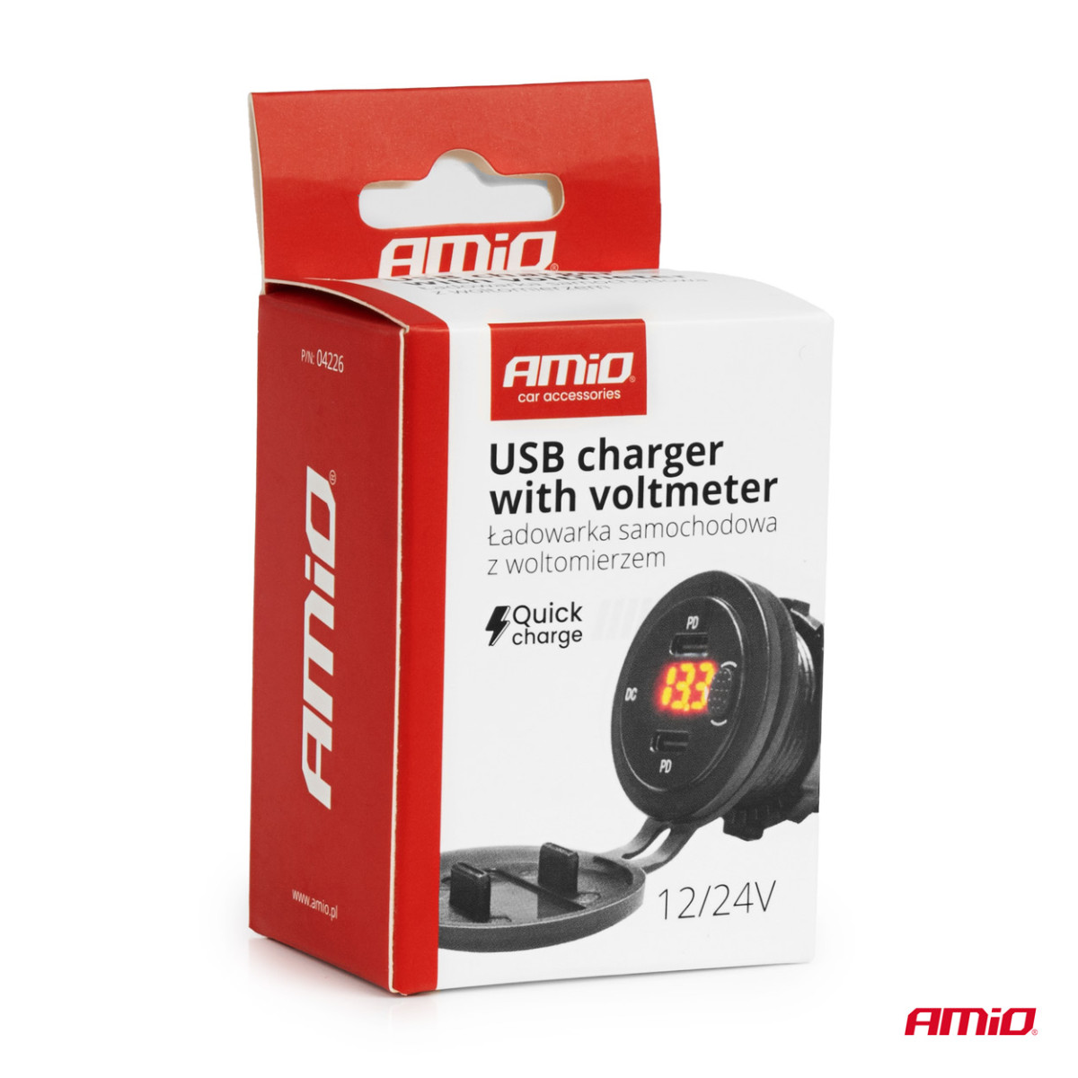 Vattentät telefonladdare med strömbrytare och digital voltmeter, 2x USB-C 12/24V AMIO-04226