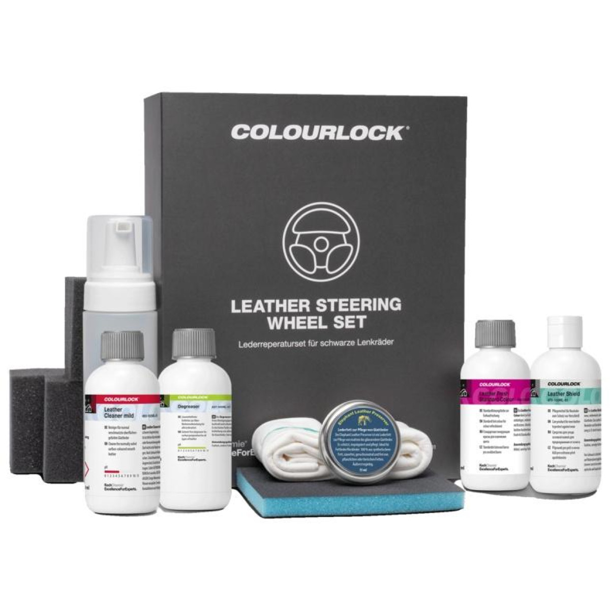 KOCH CHEMIE COLOURLOCK Leather Steering Wheel Set, bytessats för svart läderratt